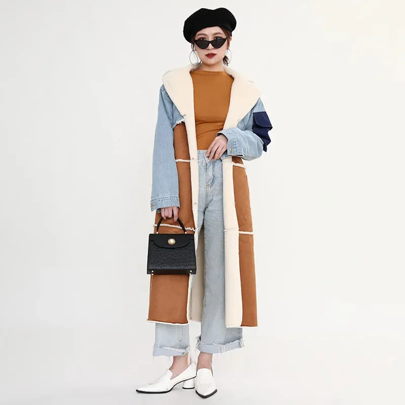 Women's Elegant Denim and Woolen Long Coat