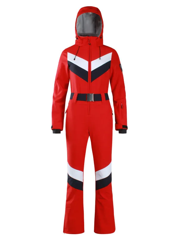 Women's Gsou Snow Retro Belted V Striped Flare One Piece Ski Suit