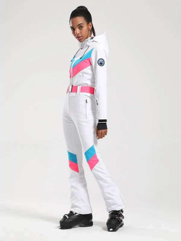 Women's Gsou Snow Retro Belted V Striped Flare One Piece Ski Suit