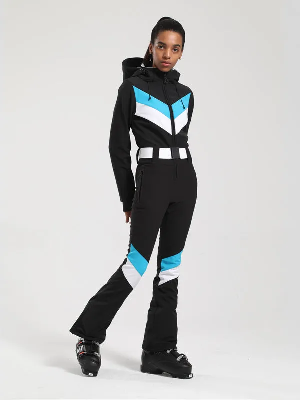 Women's Gsou Snow Retro Belted V Striped Flare One Piece Ski Suit