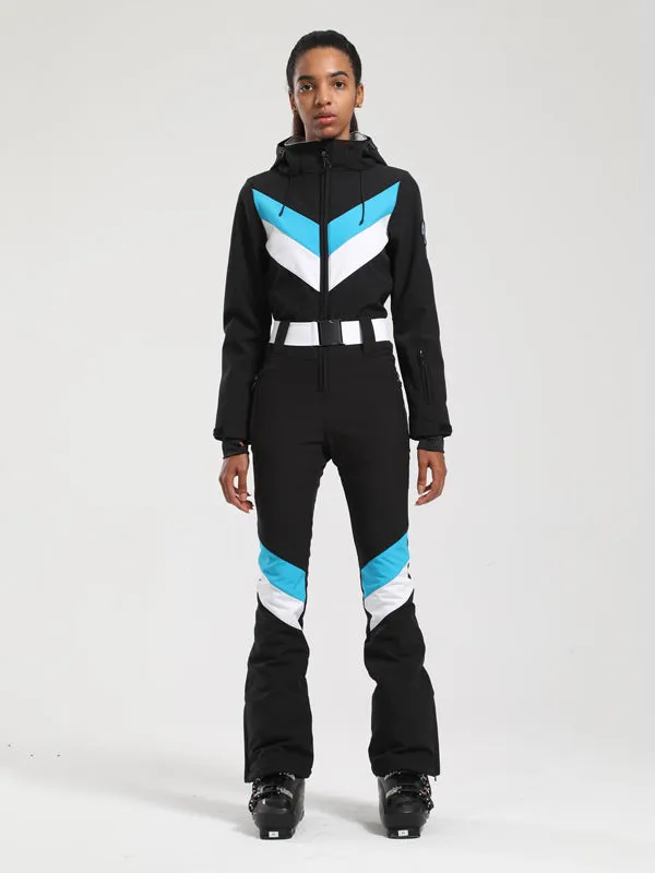 Women's Gsou Snow Retro Belted V Striped Flare One Piece Ski Suit