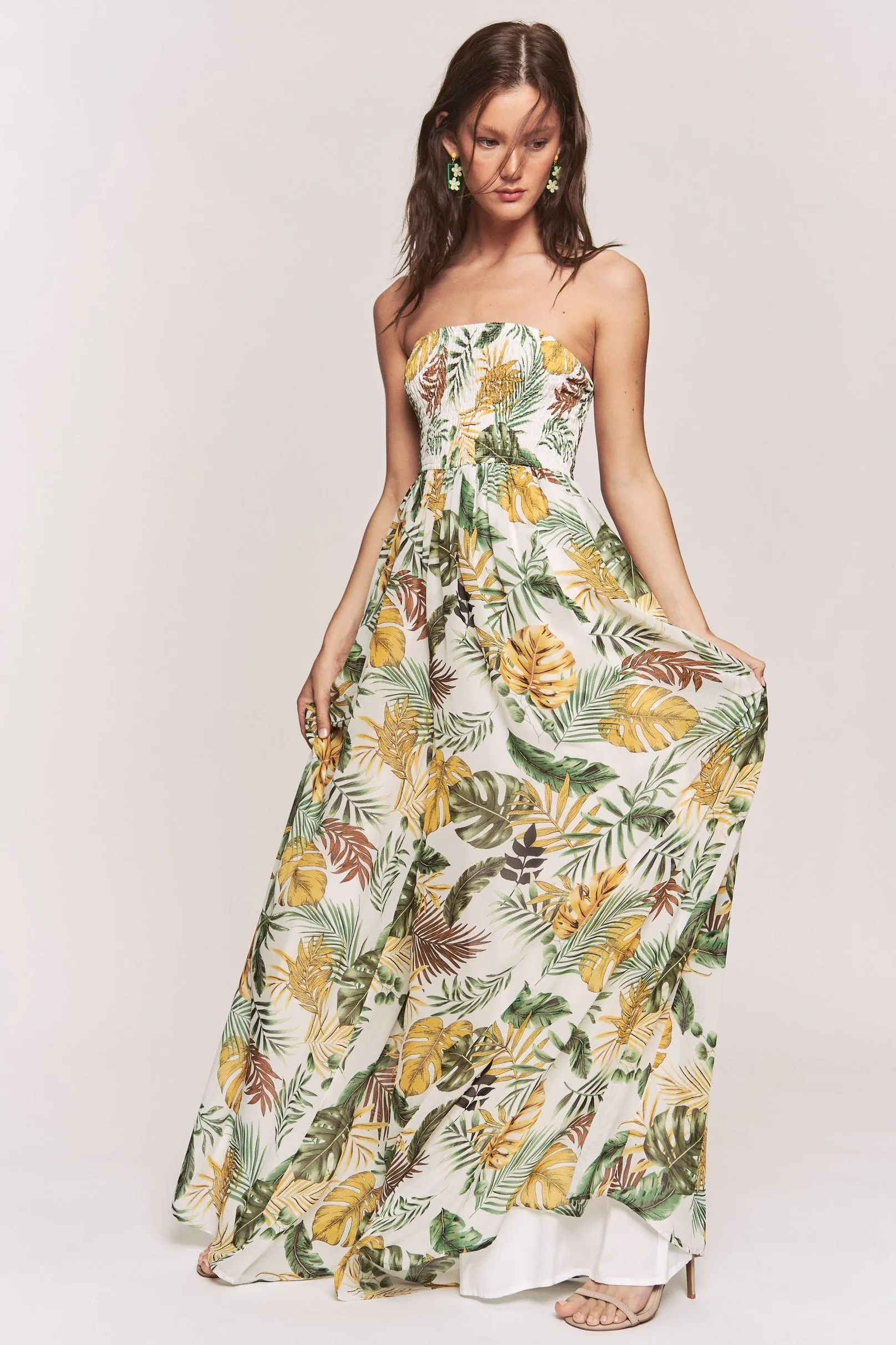 Women's Hers & Mine Leaf Print Smocked Tube Top Wide Leg Jumpsuit