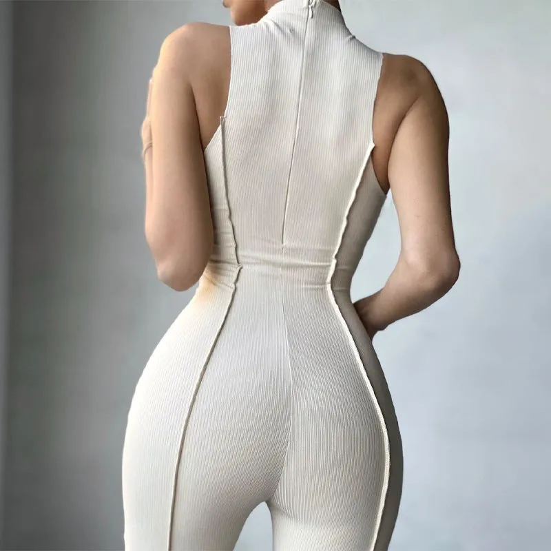 Women's high collar tight high waist casual solid color sports jumpsuit for women