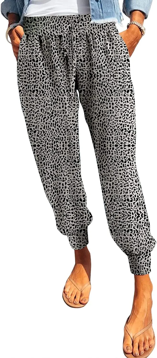 Womens Leopard Drawstring Elastic Waist  Lounge Pants with Pockets