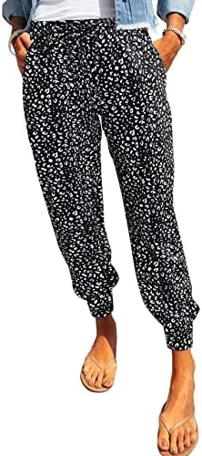 Womens Leopard Drawstring Elastic Waist  Lounge Pants with Pockets