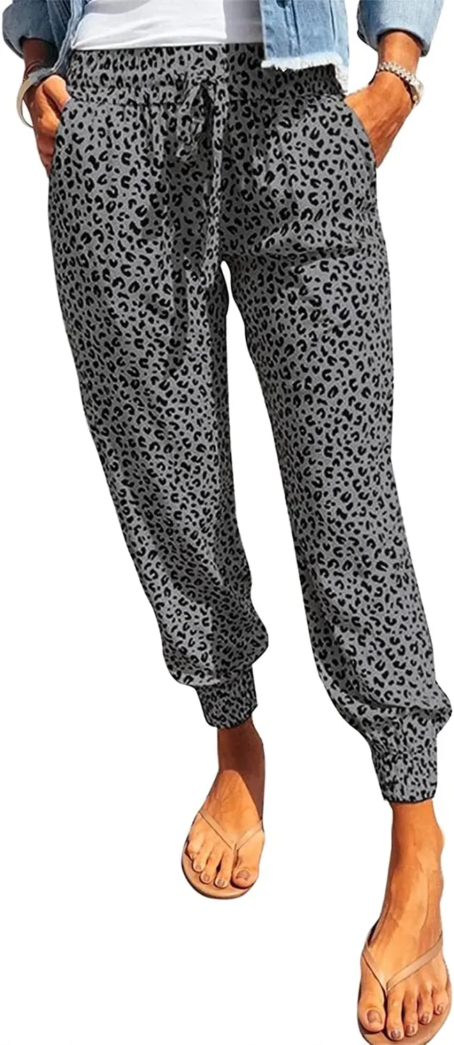 Womens Leopard Drawstring Elastic Waist  Lounge Pants with Pockets