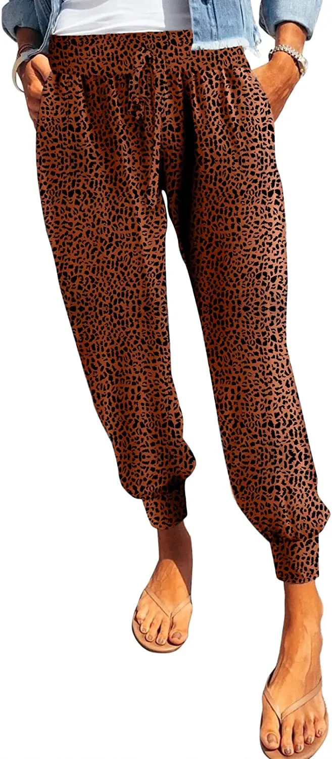 Womens Leopard Drawstring Elastic Waist  Lounge Pants with Pockets