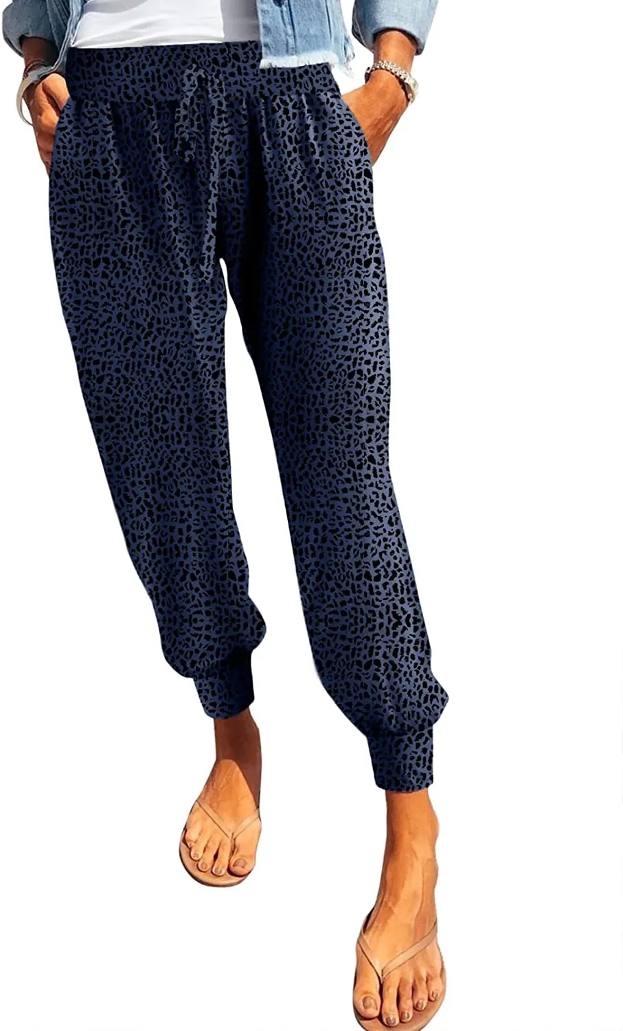 Womens Leopard Drawstring Elastic Waist  Lounge Pants with Pockets