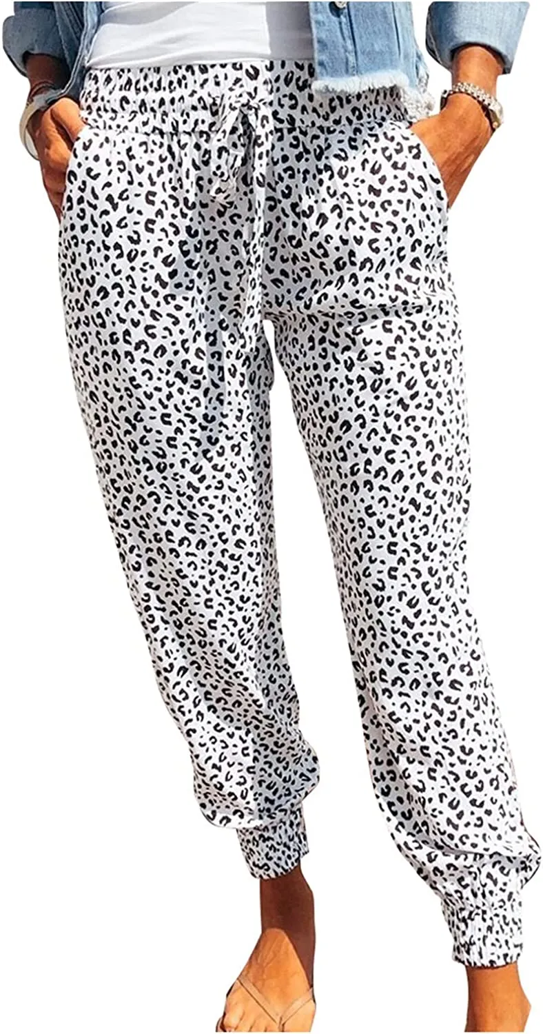 Womens Leopard Drawstring Elastic Waist  Lounge Pants with Pockets