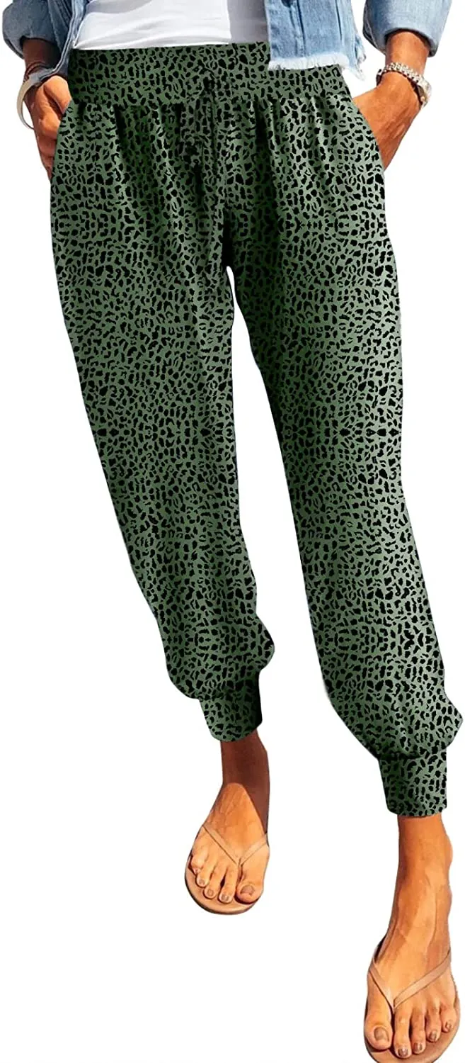 Womens Leopard Drawstring Elastic Waist  Lounge Pants with Pockets