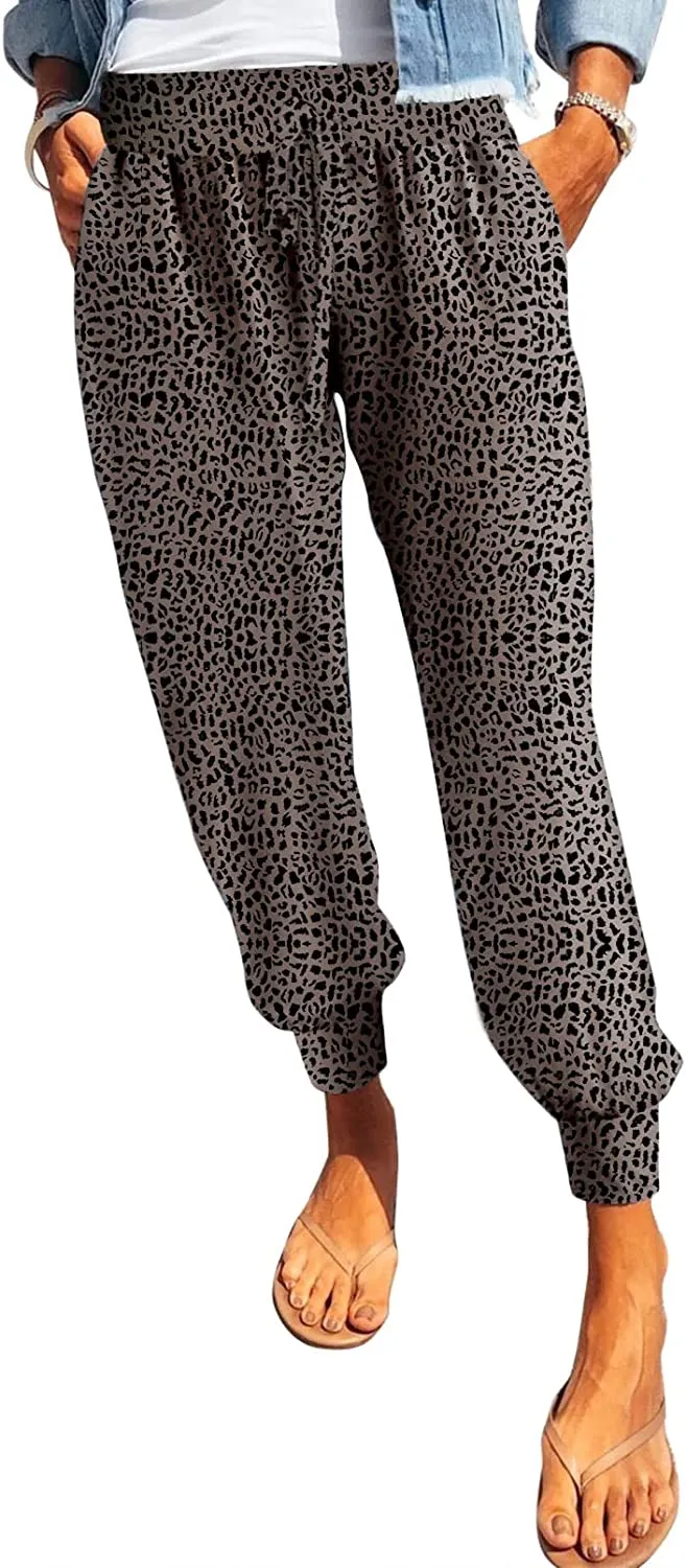 Womens Leopard Drawstring Elastic Waist  Lounge Pants with Pockets