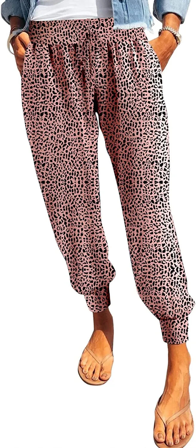 Womens Leopard Drawstring Elastic Waist  Lounge Pants with Pockets