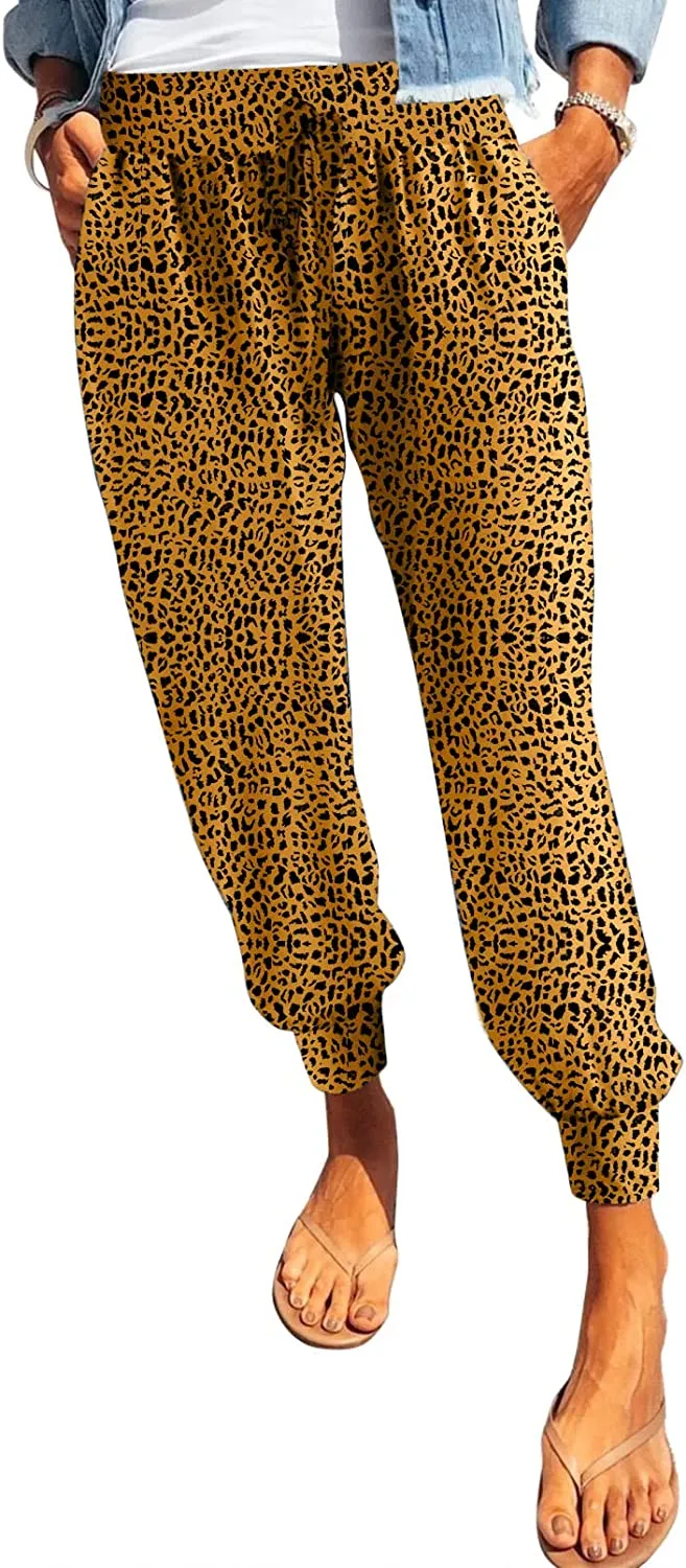 Womens Leopard Drawstring Elastic Waist  Lounge Pants with Pockets