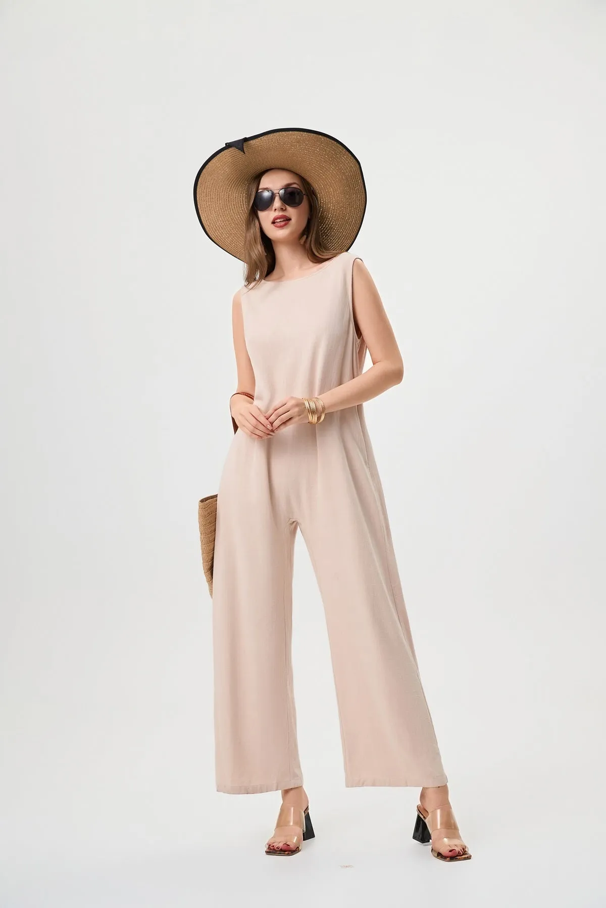 Women's Linen fashion Jumpsuit - Comfortable And Breathable, Elastic Back With Classic H-Line Design And Pockets, Available In Black Apricot And Orange Red