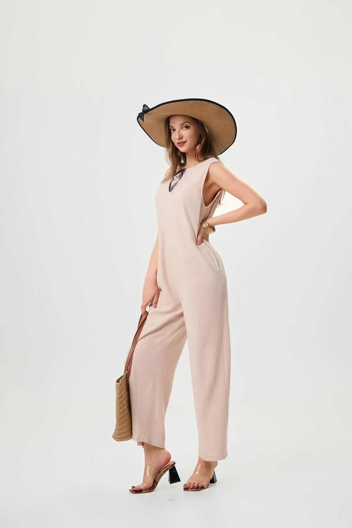 Women's Linen fashion Jumpsuit - Comfortable And Breathable, Elastic Back With Classic H-Line Design And Pockets, Available In Black Apricot And Orange Red