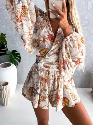 Women's Nautical Print Puff Sleeve Tie Wrap Playsuit