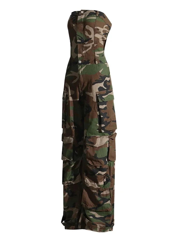 Women's Off-the-Shoulder Camo Cargo Jumpsuit