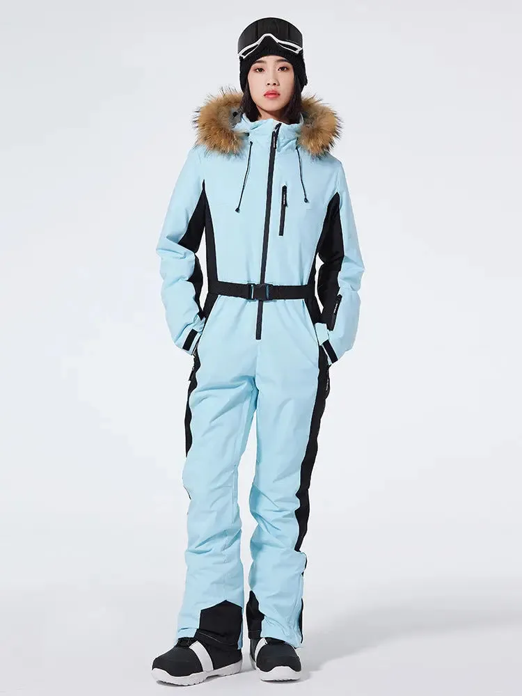 Women's One Piece Ski Suits Fur Collar Outdoor Jumpsuits