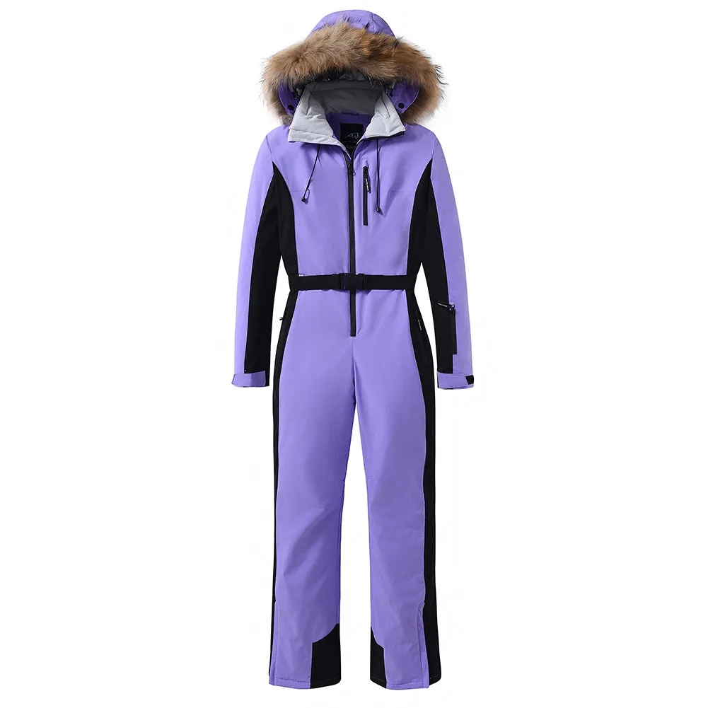 Women's One Piece Ski Suits Fur Collar Outdoor Jumpsuits