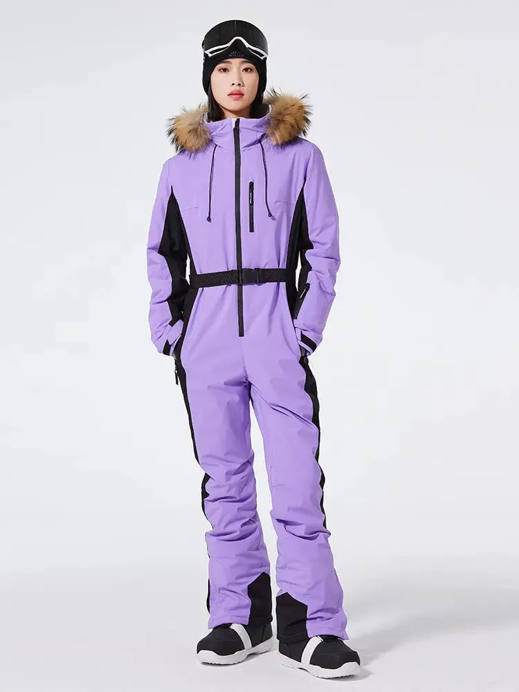 Women's One Piece Ski Suits Fur Collar Outdoor Jumpsuits