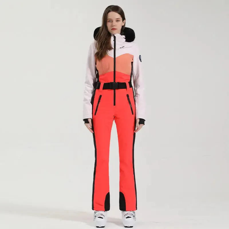 Women's One Piece Ski Suits Fur Collar Snow Jumpsuits