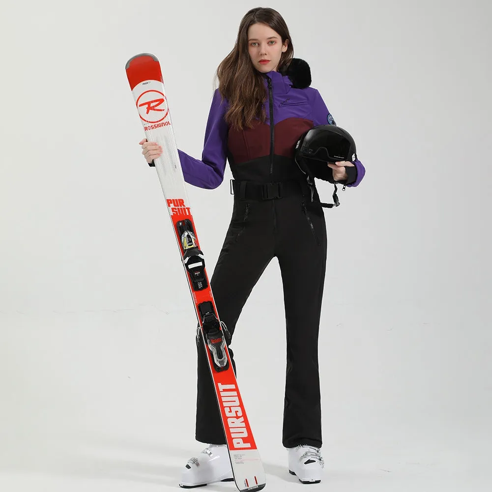 Women's One Piece Ski Suits Fur Collar Snow Jumpsuits