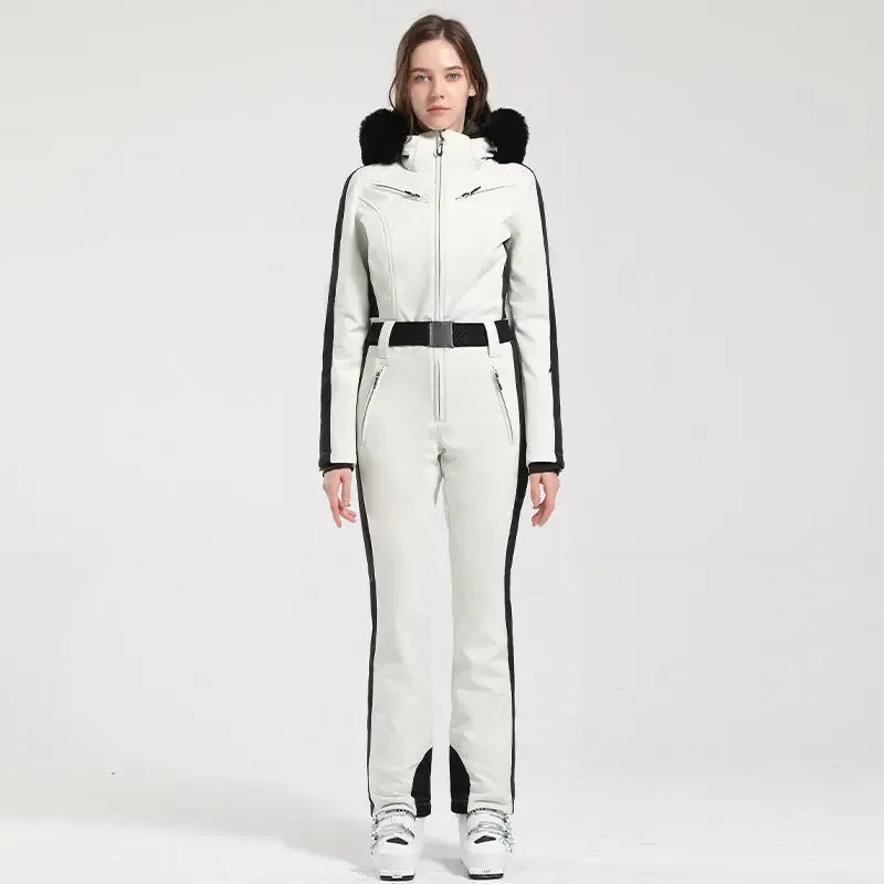 Women's One Piece Ski Suits Fur Collar Snow Jumpsuits