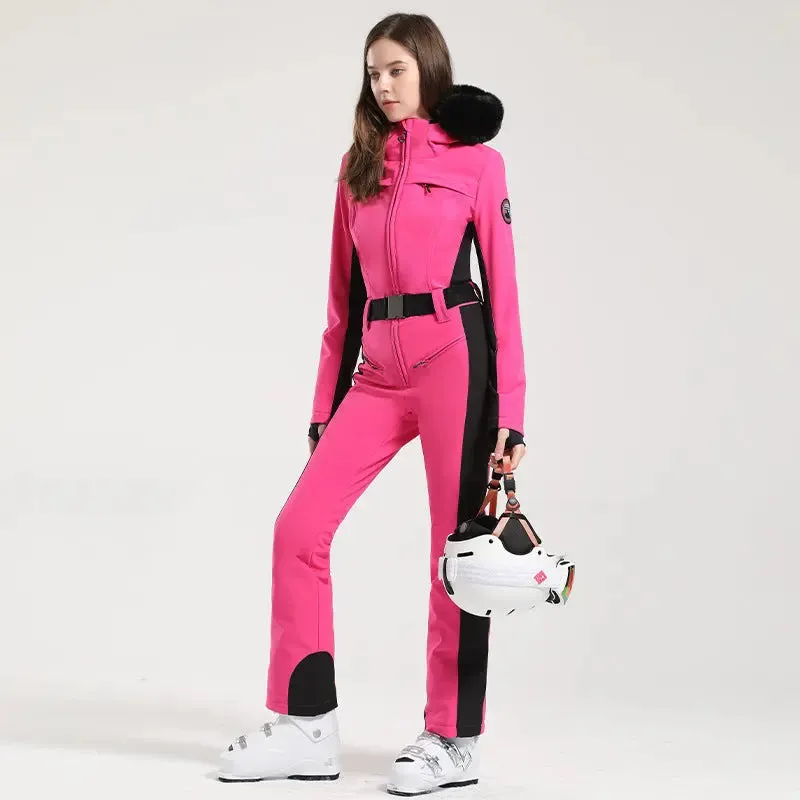 Women's One Piece Ski Suits Fur Collar Snow Jumpsuits