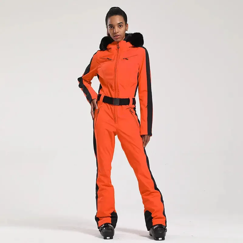 Women's One Piece Ski Suits Fur Collar Snow Jumpsuits