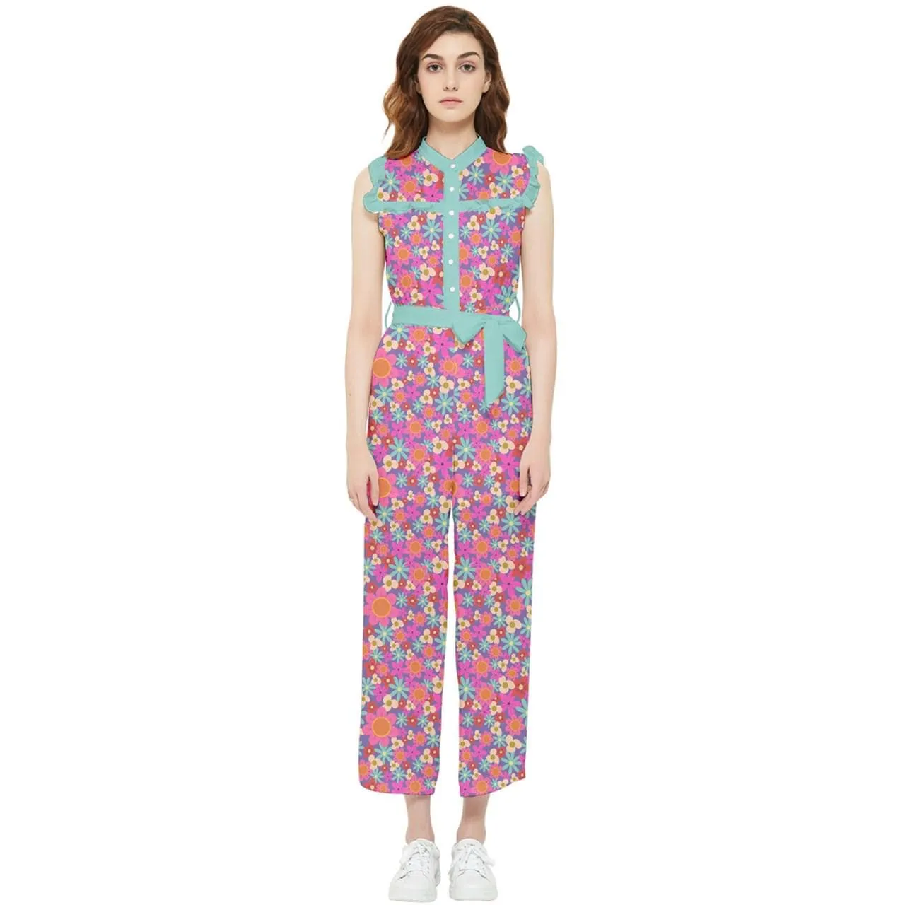 Women's Retro Pink 70s Style Chiffon Blue Ruffle Floral Jumpsuit - Vintage Style Pants Overall