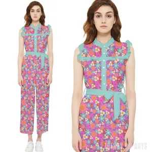 Women's Retro Pink 70s Style Chiffon Blue Ruffle Floral Jumpsuit - Vintage Style Pants Overall