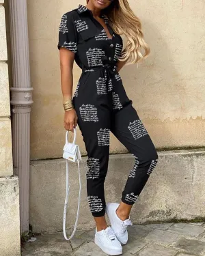 Women's Short Sleeve Casual Pockets Lace Up Solid Jumpsuit