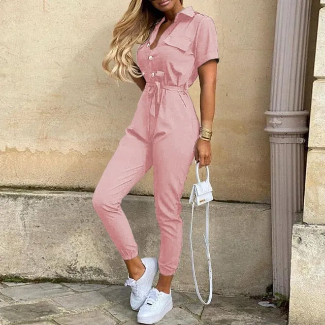 Women's Short Sleeve Casual Pockets Lace Up Solid Jumpsuit