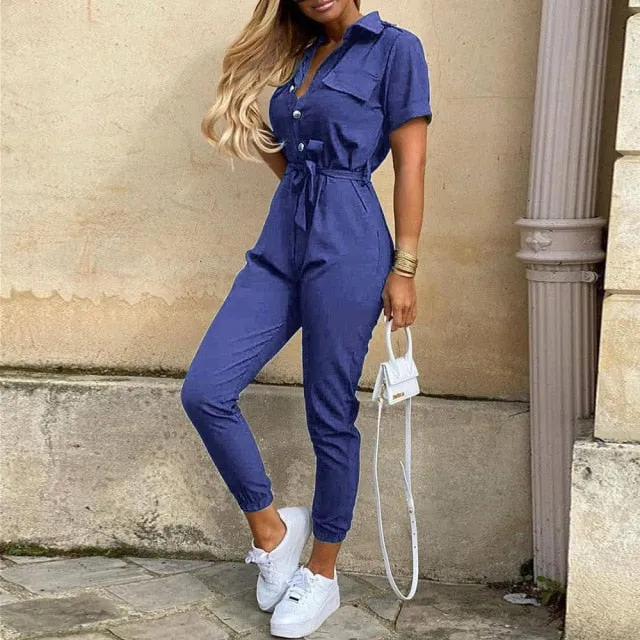 Women's Short Sleeve Casual Pockets Lace Up Solid Jumpsuit