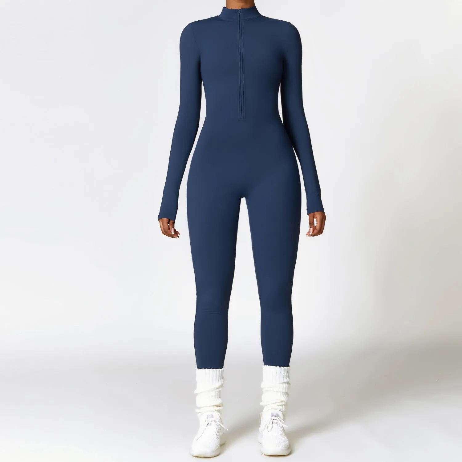 Women's Warm Long-Sleeve Zipper Jumpsuit - Breathable Yoga Fitness Sports Bodysuit for Activewear and Everyday Comfort