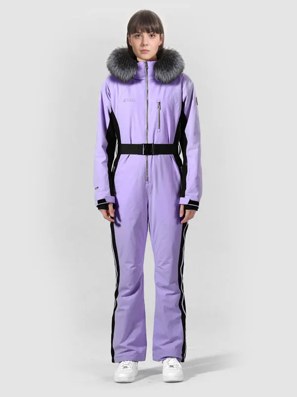 Womens Winter Chic Fur Hood One Piece Ski Jumpsuit Overall Ski Suit