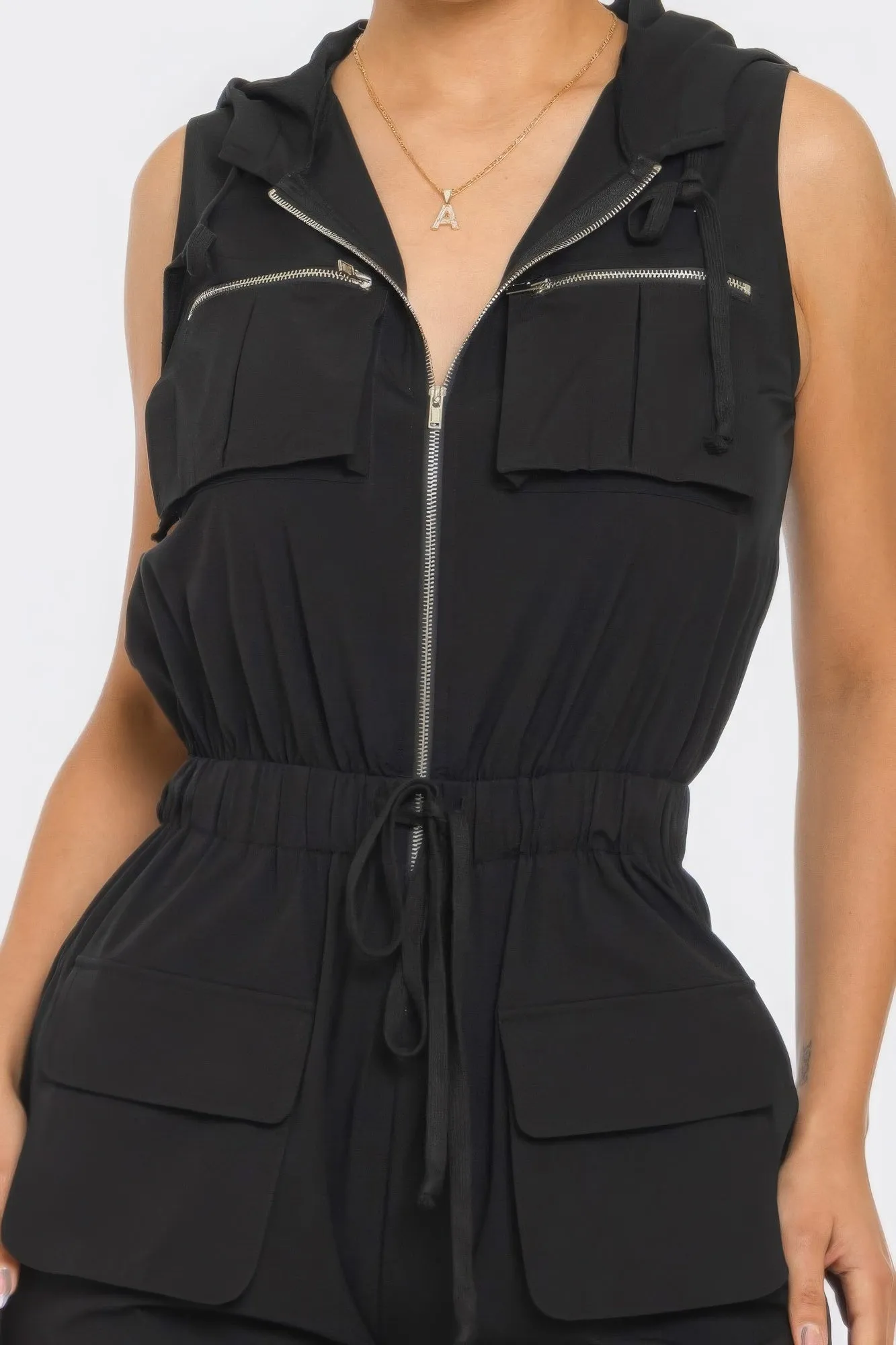 Zip-up Sleeveless Hooded Cargo Jumpsuit